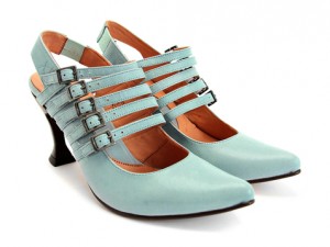 Macchiato Fluevog shoes, pretty blue shoes with heels and many straps