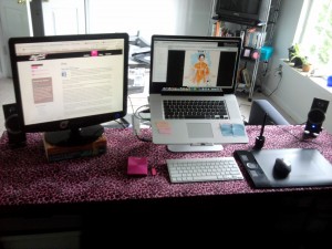 My almost wire-free computer station featuring pink leopard fur itso table and hot pink and brushed aluminum accessories.